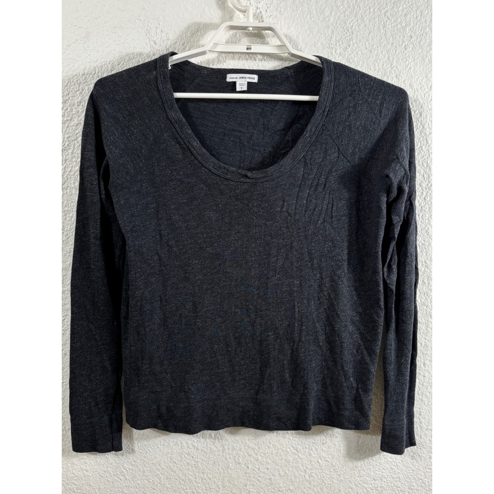 James Perse Long Sleeve Top Womens 2 Heathered Black Scoop Neck WXT3964CU